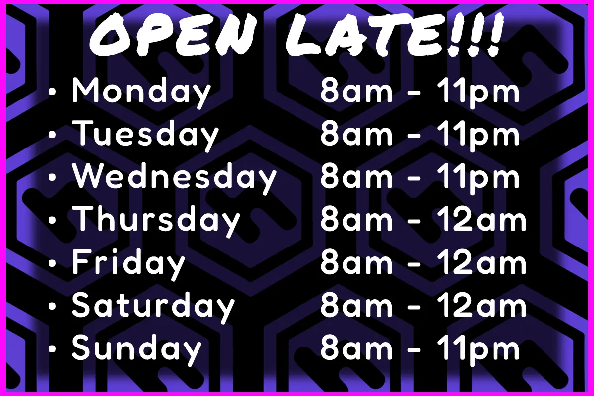 honeygrove open late hours with purple logo background