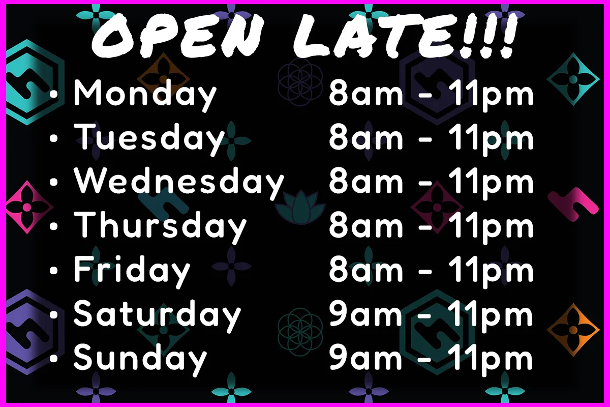 open late hours with decorative background